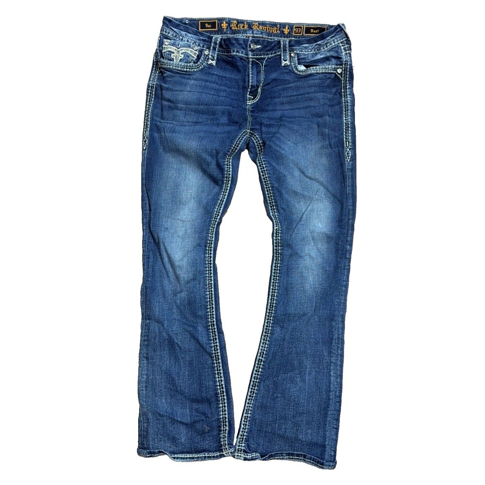 Rock Revival Yui Boot Jeans Womens Size 33 Blue Flap Pocket Stretch Denim